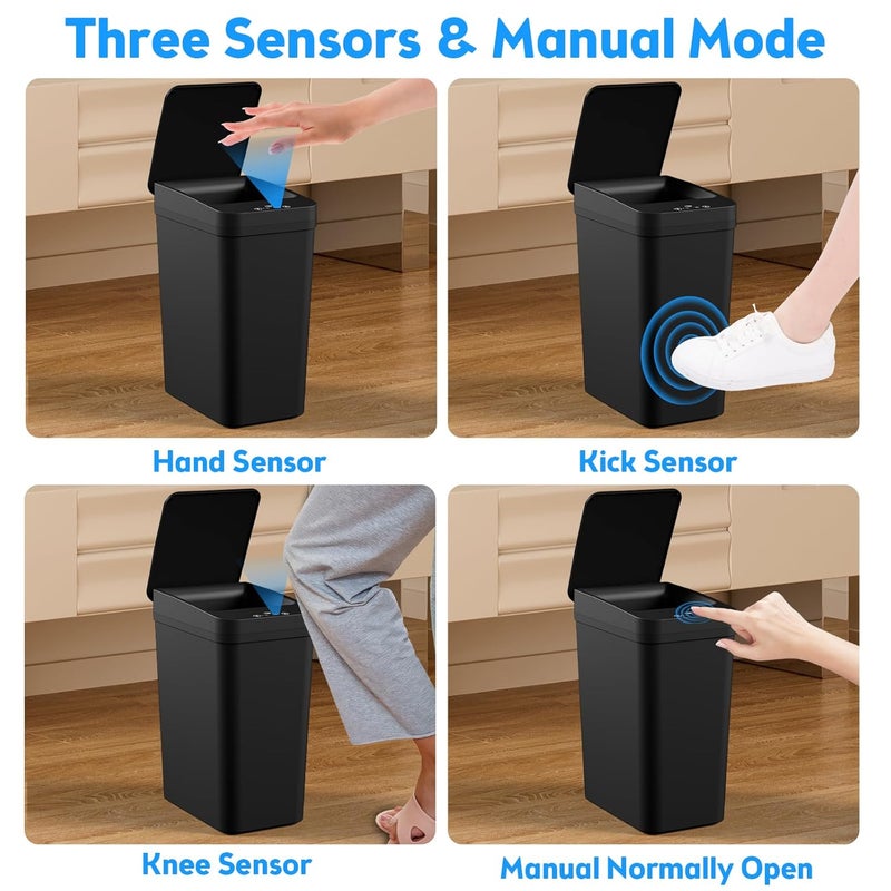 KOEYLE Bathroom Trash Can with Lid, 2 Pack 4 & 2.2 Gallon Automatic Touchless Garbage Can, Small Motion Sensor Smart Trash Can, Slim Waterproof Trash Bin for Bedroom, Bathroom, Office, Living Room (Black) - Image 2